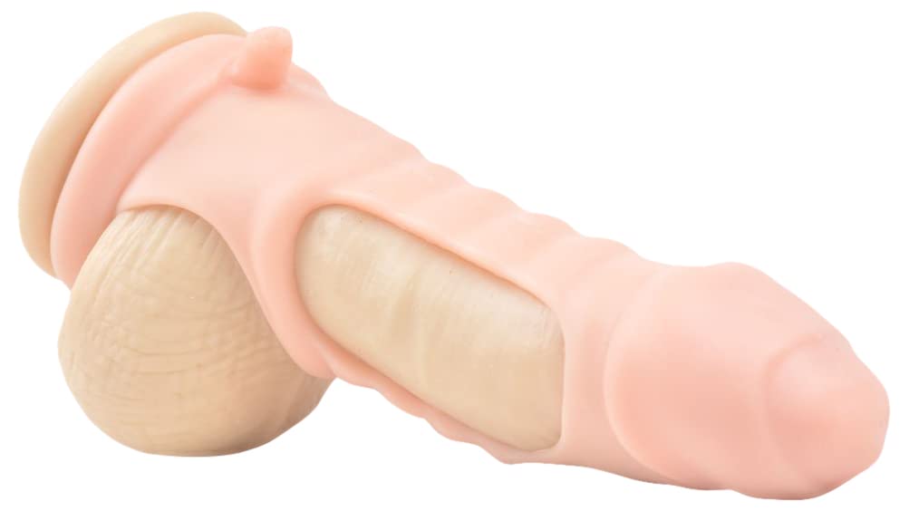 PleasureBox Ribbed Shaft Penis Sleeve Cock Ring Extra Stimulation, Flesh