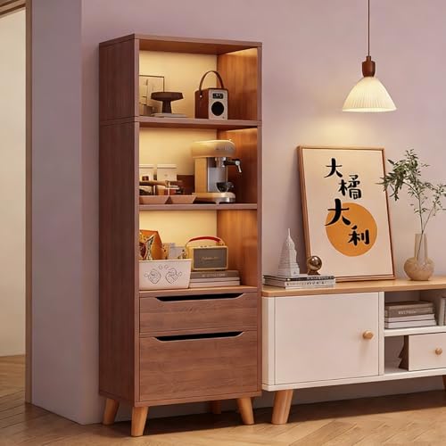 Beauenty Display Book Shelf, Floor Standing Bookcase Storage Unit, 3-Tier Open Shelf with 1 Drawer and 1 Door Cabinet, Wooden Storage Rack for Living Room, Home Office (Walnut)