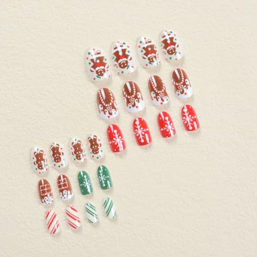 Christmas Press on Nails Short Almond Fake Nails with Gingerbread Man Designs Nails Press Ons Snowflake Glue on Nails Full Cover False Nails Christmas Acrylic Nails for Women 24Pcs - Image 2