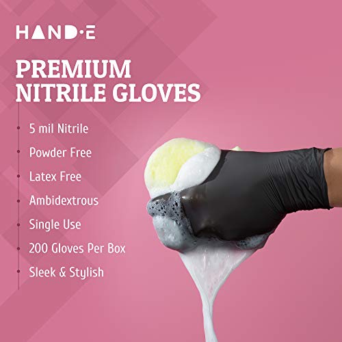 Hand-E Disposable Black Nitrile Gloves Medium - 200 Count - Heavy Duty 5 mil Thick Industrial Grade - Powder Free, Latex Free, Textured Grip, Extra Length Cuff - BBQ, Hot Food Prep, Cleaning
