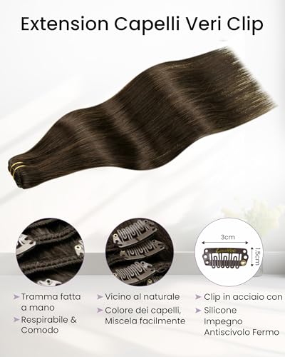 LaaVoo Clip in Human Hair Extensions, Chocolate Brown 80 g, Natural Remy Human Hair, Light and Invisible for Daily Use, 30 cm, 5 Pieces Colour 4