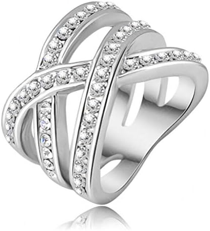 Platinum-Plated Silver Double Criss Cross X Ring for Women,Simulated Diamond Pave CZ Crystal Ring