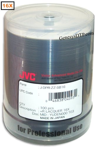 JVC Taiyo Yuden Silver Lacquer Printable 16X DVD+R Media 100 Pack in Cake Box (JDPR-ZZ-SB16)