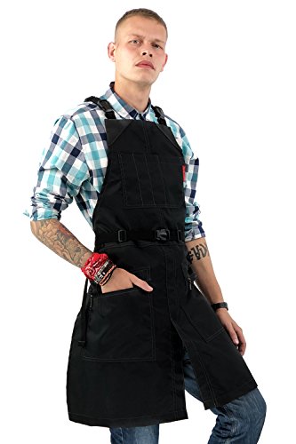 Under NY Sky Cross-Back Barber Black Apron – Heavy-Duty Nylon, Water and Chemical Resistant, Zipped Pockets, No-Tie, Split-Leg – Adjustable for Men, Women – Pro Hair Stylist, Salon, Colorist, Artist - Thumbnail 4