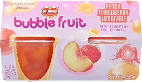 DEL MONTE BUBBLE FRUIT PEACH STRAWBERRY LEMONADE PEACHES & POPPING BOBA WITH SWEETENED JUICE-3.5 OZ, (PACK OF 1, 4 COUNT)