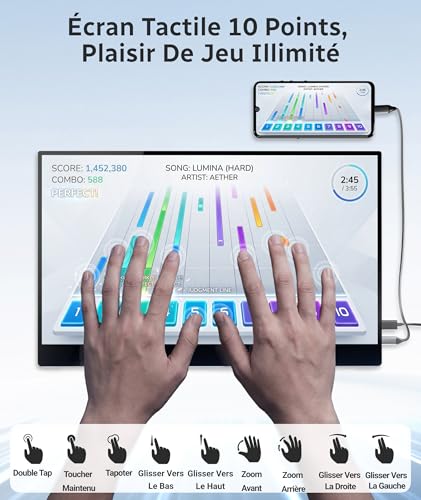 Ingnok Écran Tactile Portable 15,6 Pouces Brillant FHD IPS Moniteur Portable avec Béquille/VESA, Ultra-Leger Ecran Portatif pour Ordinateur Portable/PC/Mac/PS3/4/5/X-box - Connectivité USB C et HDMI