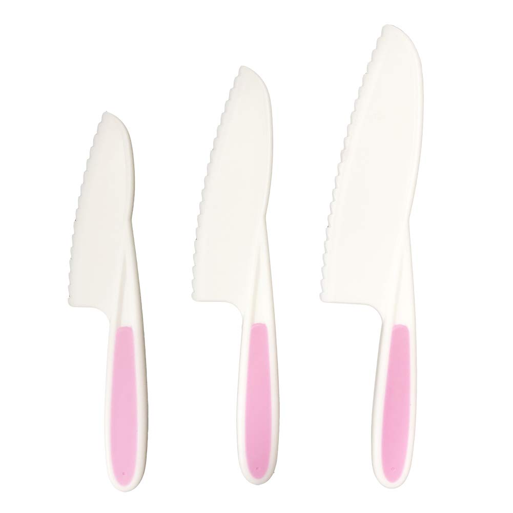 Pocomoco Kids Kitchen Knife Set Children Safe Cooking Plastic Knives Set with Kids Apron, Cut-resistant Gloves (Ages 6-12), Vegetables Cutters Perfect for Fruit, Bread, Cake, Lettuce, Salad (Pink)