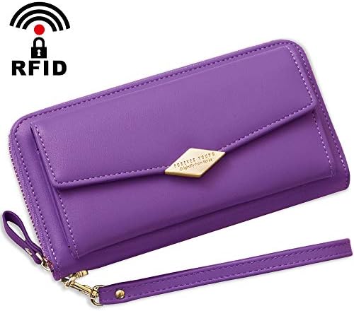 Ladies Purse RFID Blocking Long Women Wallet Soft PU Leather Large Capacity Purses for Womens with Wrist Strap and 12 Card Slots, Large Womens Purse Wallet with Zip Pocket Coins Compartment (Purple)