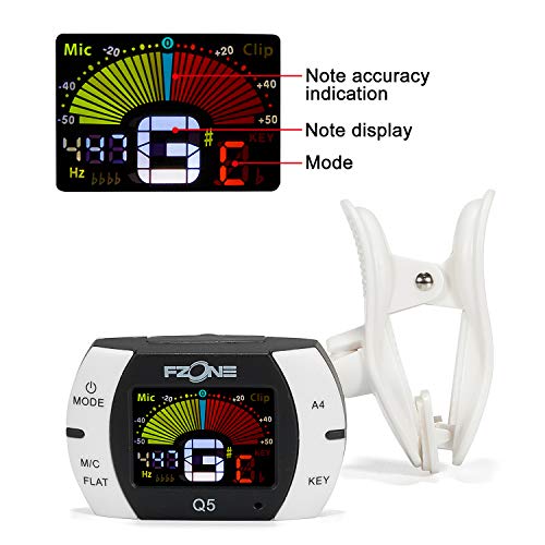 Fzone Q5 Chromatic Clip-on Tuner for Guitar, Ukulele, Bass, Violin, Banjo and Woodwind Instruments, Full Color LCD,Extra Mic Function-A4 Calibration - Thumbnail 3
