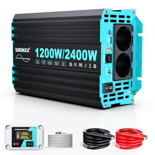 SUDOKEJI 1200W/2400W Pure Sine Wave Inverter, 12V-230V Converter with LCD Control, USB/Type-C Ports and 2 EU Outlets for Solar, Vehicles and Motorhomes