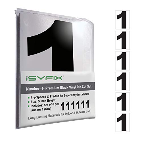 Black Vinyl Number 1 (One) Stickers - 6 Pack 5-Inch Self Adhesive - Premium Decal Die Cut & Pre-Spaced for Mailbox, Signs, Window, Door, Cars, Trucks, Home, Business, Address Number, Indoor & Outdoor