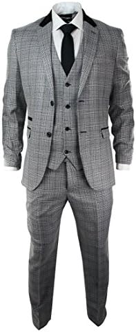 Marc Darcy Mens Grey Black Check Herringbone 3 Piece Suit Velvet Trim Retro Vintage Fitted