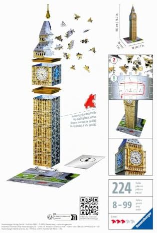 3D Puzzle 12554 - Big Ben - Der weltbekannte Uhrenturm aus London, offiziell seit 2012 Elizabeth Tower genannt, als dreidimensionales Modell zum selber Puzzeln ab 8 Jahren