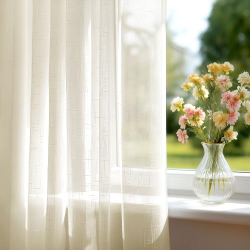 Deconovo Beige Translucent Curtains for Living Room and Bedroom, Modern Curtains 140 x 225 cm, 2 Pieces with Ruched Tape, Linen Effect Curtains, Soft Light and Elegant Finish