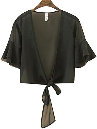 Women Summer Super Thin Chiffon Shawl Open Front Cardigan Crop Tie Bolero Shrug (L, Black)