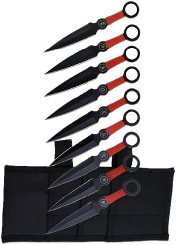 Perfect Point PP-060-9 Throwing Knife Set with Nine Knives, Black Blades, Red Cord-Wrapped Handles, 6-1/4-Inch Overall