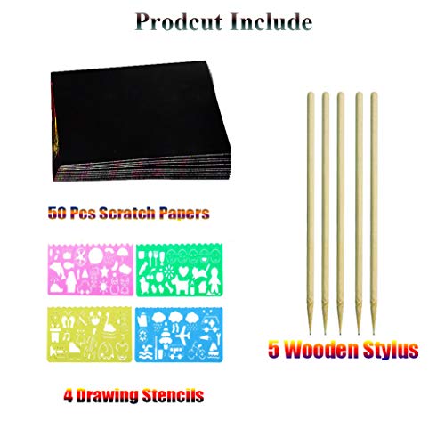 STKYGOOD Rainbow Scratch Paper Scratch Art Paper 50 Pcs Rainbow Sketch Pad Black Doodle Pad Scratch Painting with 5 Wooden Stylus 4 Drawing Molds
