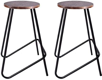 Aprodz Set of 2 Vintage Bar Stools Retro Wood Seat Counter Dining Chair Height 27-inch Backless with Iron Legs