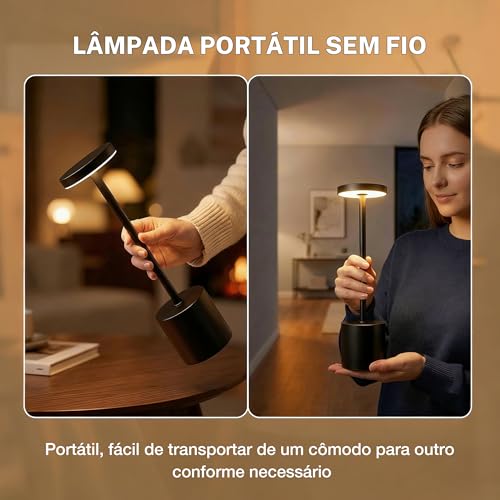 Luminária de Mesa LED Recarregável Na Cor Preto com Três Modos de Luz Dimerizáveis, Ideal para Salas de Jantar, Varandas, Áreas Externas, Quartos E Outros Ambientes