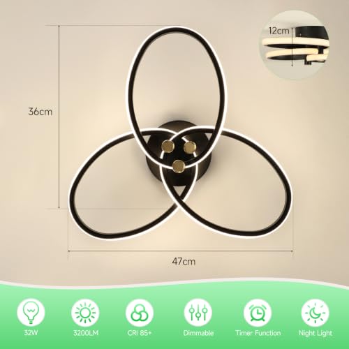 OTREN 47 cm 40 W LED Living Room Ceiling Lamp with Remote Control | 3000K-6500K, Night Light, Timer, Memory Function, Black Ceiling Light for Bedroom, Kitchen