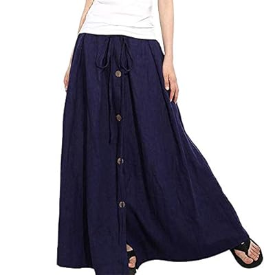 NREALY New Women's A-Line Elastic Waist Casual Button Flare Full Length Long Maxi Skirt