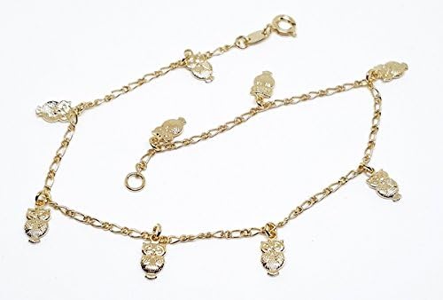 1-0039-f10 18kt Brazilian Gold Overlay Owl charms Anklet. 10"