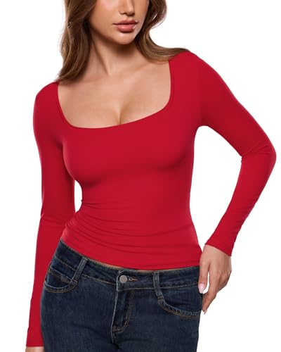 INLYRIC Women''s Airsoft Single Layer Long Sleeve T-Shirts Square Neck Basic Tees Slim Fitted Going Out Tops Trendy Lipstick Red X-Small' at Amazon