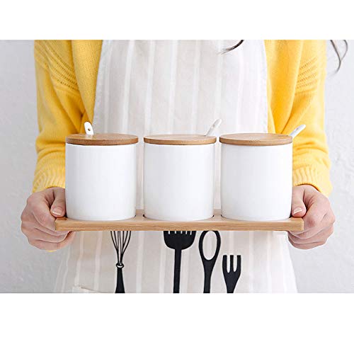 VanEnjoy Ceramic Round Sugar Spice Containers Porcelain Jar with Bamboo Lids, Tray and Spoons Round Condiment Set of 3 - Thumbnail 4