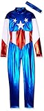 Forplay Women's Star Spangled Hero Catsuit with Stripe Waist and Headband, Royal Blue, Large/X-Large