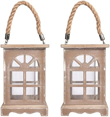 Brown Village Brown Color Wooden Window Tea Light HolderHanging Glass Rectangle Large (Set Of 2)