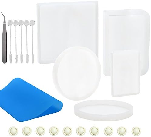 Keriber 23 Pieces Silicone Resin Coaster Molds Resin Casting Molds Include Square, Rectangle, Round, Ellipse, Small Rectangle Shaped Resin Molds with Silicone Sheet Tweezer for Resin Jewelry Making