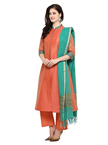 inddus peach solid chanderi cotton woven stylised salwar suit with dupatta (fully stitched)