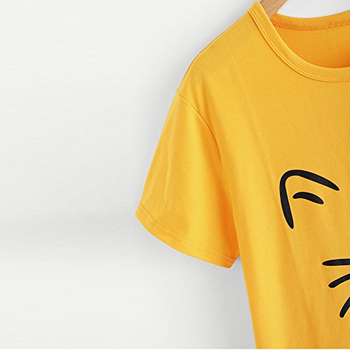 AOmahh Women T Shirts,Crewneck Short Sleeve O-Neck Cute Cat Print Loose Causal T-Shirt Yellow