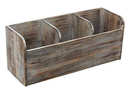 Vintage Rustic Barnwood Torched Wood Kitchen Utensil Holder - 3 Compartment Organizer Caddy Box For Cooking, Silverware, Flatware, Sauce Spoon, Tongs, and More