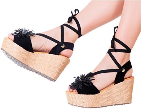 VIDALeather Women PomPom High Rise Lace up Ankle Tie Platform Colored Espadrille Comfort Fashion Shoes Calzado Plataforma de Dama de Moda Black 9