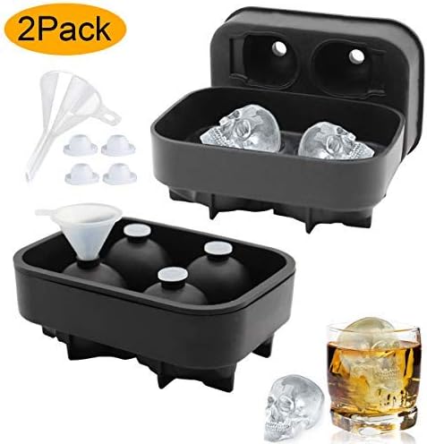 Silicone Ice Cube Mold Tray, Easy Release 3D Skull Ice Tray Bonus Funnels Plugs ATOZEDO Shaped Ice Cube Maker for Halloween (2 Pack)