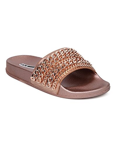 CAPE ROBBIN Moira-18 Women Metallic Chained Flat Sandal - Casual Lounge Street Fashion Open Toe Slide,6 B(M) US,Rose Gold