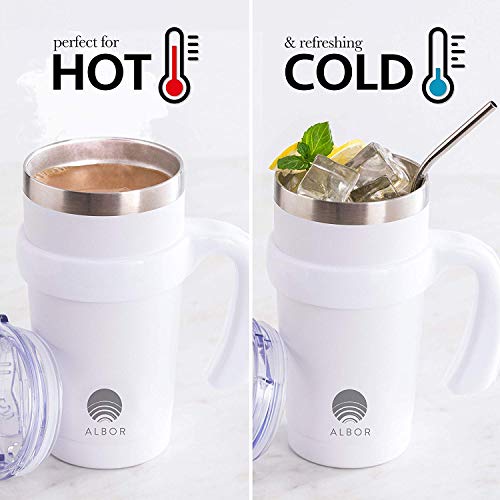 Albor Triple Insulated Stainless Steel Tumbler 20 oz White Coffee Travel Mug With Handle