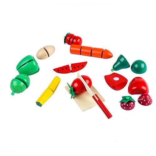 Youtop 29pcs Wooden Cutting Fruits and Vegetables Toy Playset Pretend Play for Kids w/ Storage