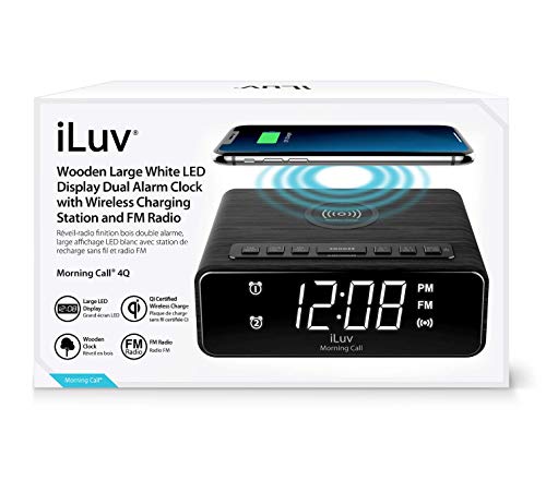iLuv Wireless Charging Alarm Clock Radio with LED White Display, Dual Alarm, Super Loud Alarm Clock -Compatible with iPhone Xs Max, XR, X/Xs, Galaxy S9/S8/S7, AirPods 2G and More