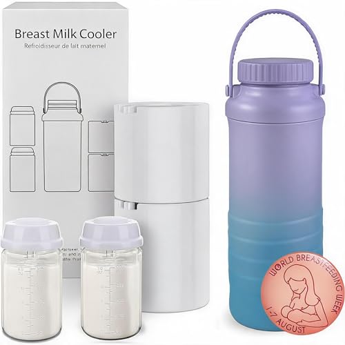 MOOWSKI Enfriador de Leche Materna Portatil 22OZ [Mantiene Fría por Más de 24 Horas] Termo para leche materna con 2 Botellas de 300ml, Sin BPA Botellas para Viajes y Exteriores - Enfriador de Leche Materna de Acero Inoxidable Morado-Azul