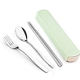 K-Steel 3PCS Portable Flatware Spoon Fork Chopsticks Tableware Set 304 Stainless Steel Dinnerware Silver with Travel Box - Green