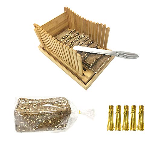 Bamboo Bread Slicer, Foldable 3 Thickness Adjustable Bread Cutter with Crumb Catcher,100 bread bags and 100 golden twist ties for Homemade Bread & Loaf Cakes