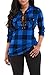 KISSMODA Women's Roll Up Sleeves Slim Fit Plaid Shirt Deep V Neck Tie Front Blouses Blue Medium