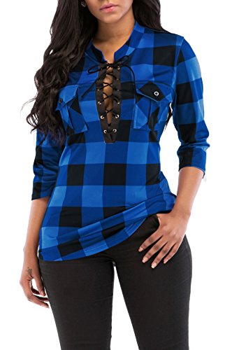 KISSMODA Women's Roll Up Sleeves Fitted Office Blouses Online With Pocket Blue Large - Thumbnail 2
