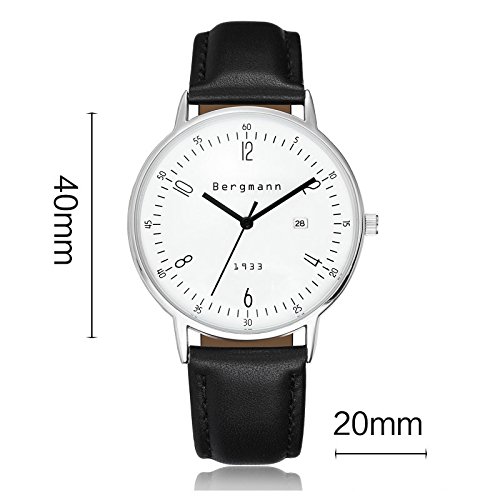 Bergmann 6Mm Extra Thin Watches For Men Large Case Black Leather White Dial Vintage Watch Date 1933 (6942352750704)