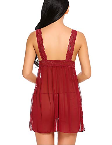 Avidlove Women Lingerie Lace Babydoll Strap Chemises V Neck Nightwear Outfits Dark Red S