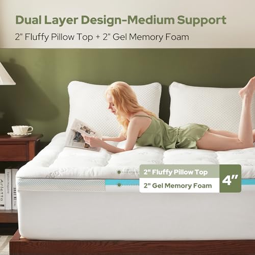 BEDLORE Mattress Topper Queen Size, 4 Inch Dual Layer Mattress Pad, 2 Inch Gel Memory Foam Plus 2 Inch Plush Pillow Top Mattress Pad Cover for Back Pain, Medium-Firm (White)