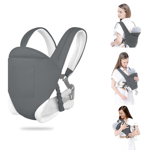Grey Baby Carrier, Ergonomic Newborn Carrier Wrap with Hip Seat Storage Pocket, Soft Lightweight Adjustable Size Enhanced Lumbar Support Front Facing Back Sling for Toddler 3-36 Months All Seasons