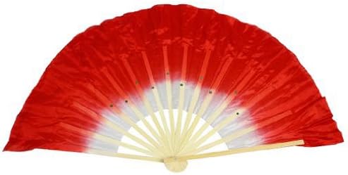 Gleader Beige Bamboo Ribs Flutter Fabric Chinese Folk Dancing Hand Fan Red White